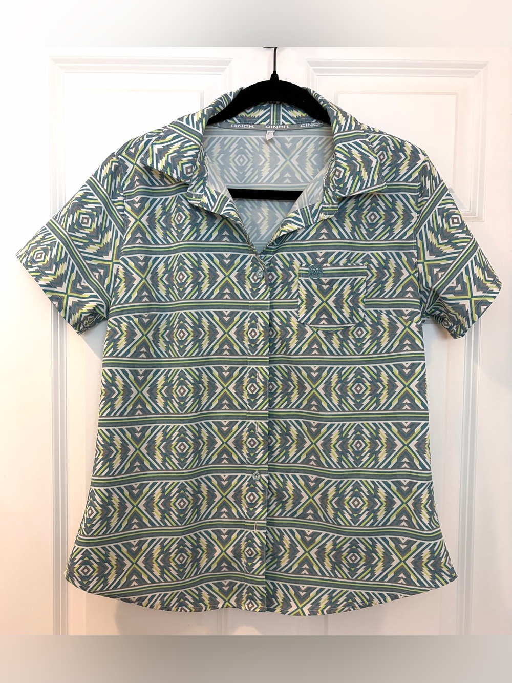 Cinch Blue and Green Geometric ArenaFlex Short Sleeve Button-Down Shirt